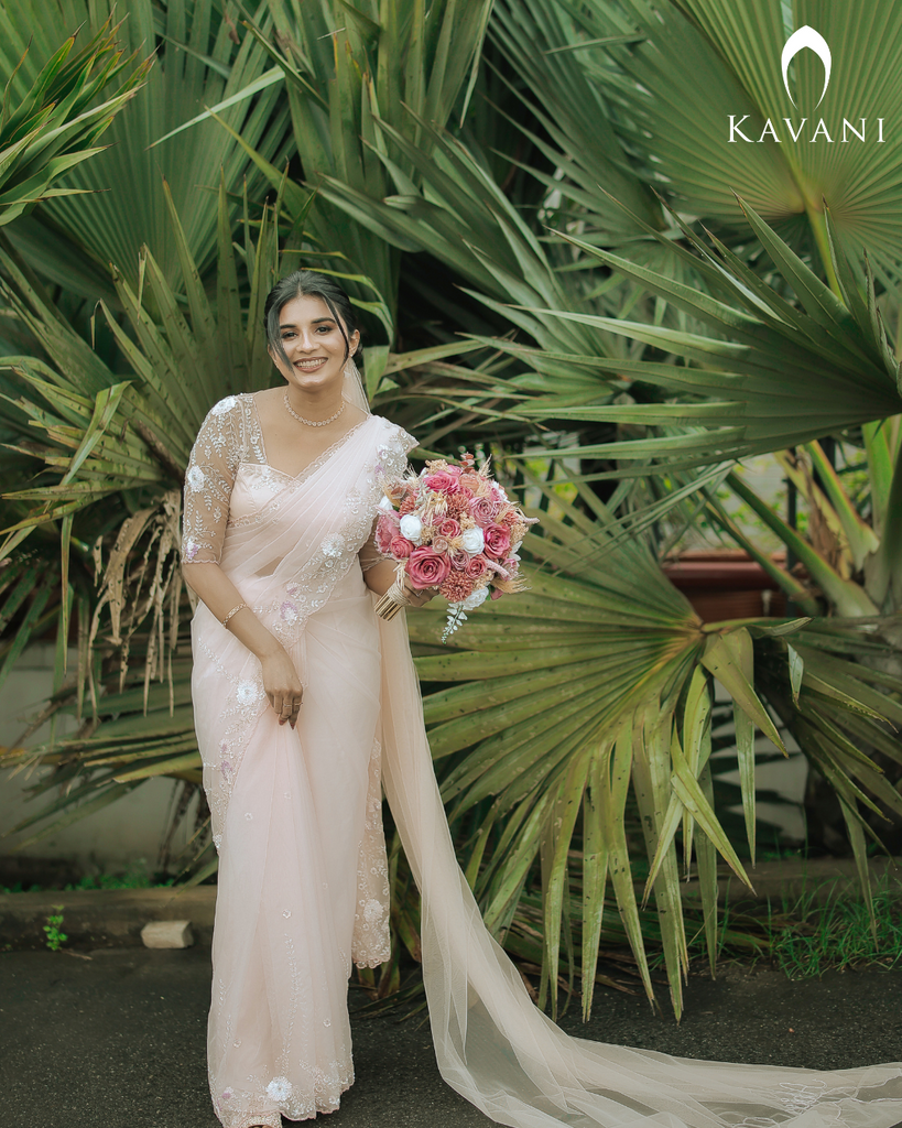 Baby Pink Wedding Saree with Crystal Beaded Floral Detailing