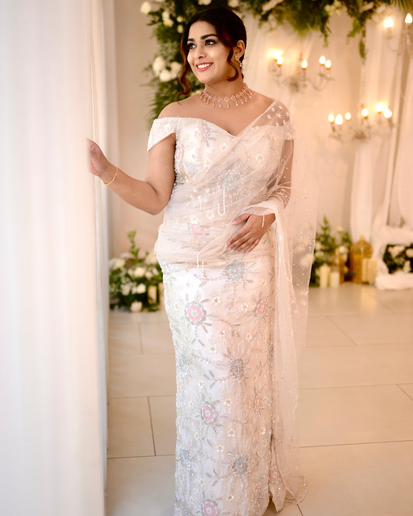 Pastel Floral Beaded Drape Saree with Corset Blouse – Chandelier Collection