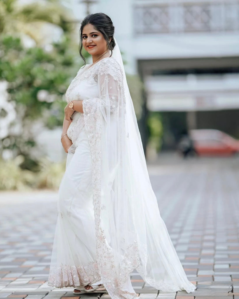 White Saree with Blush Pink Beaded Floral Detailing