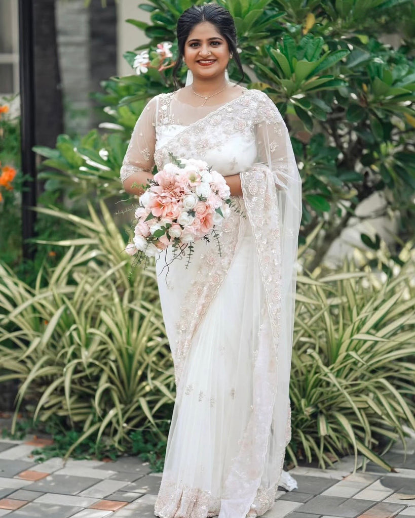 White Saree with Blush Pink Beaded Floral Detailing