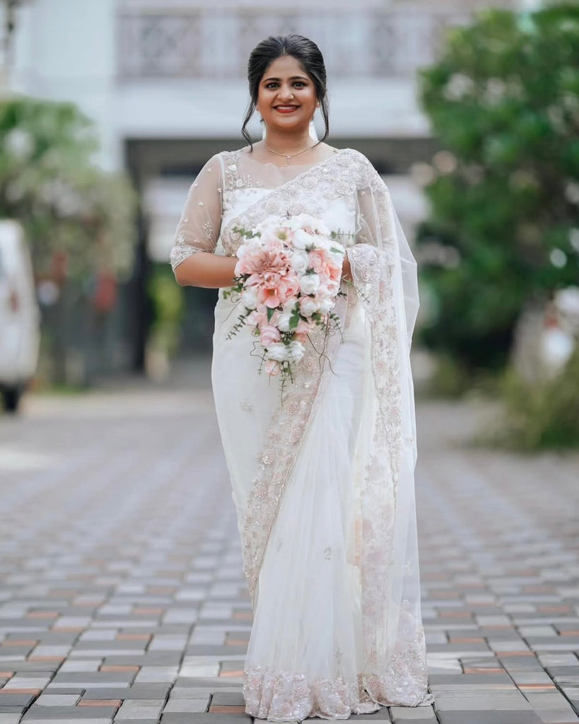 White Saree with Blush Pink Beaded Floral Detailing