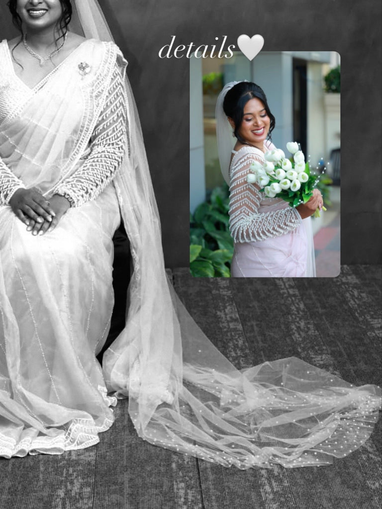 Blush Pink Saree with Pearl Beaded Blouse & Scalloped Borders with Veil