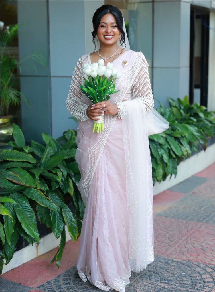 Blush Pink Saree with Pearl Beaded Blouse & Scalloped Borders with Veil