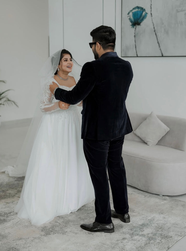 Sweetheart Neck Beaded Bridal Gown with Sheer Sleeves