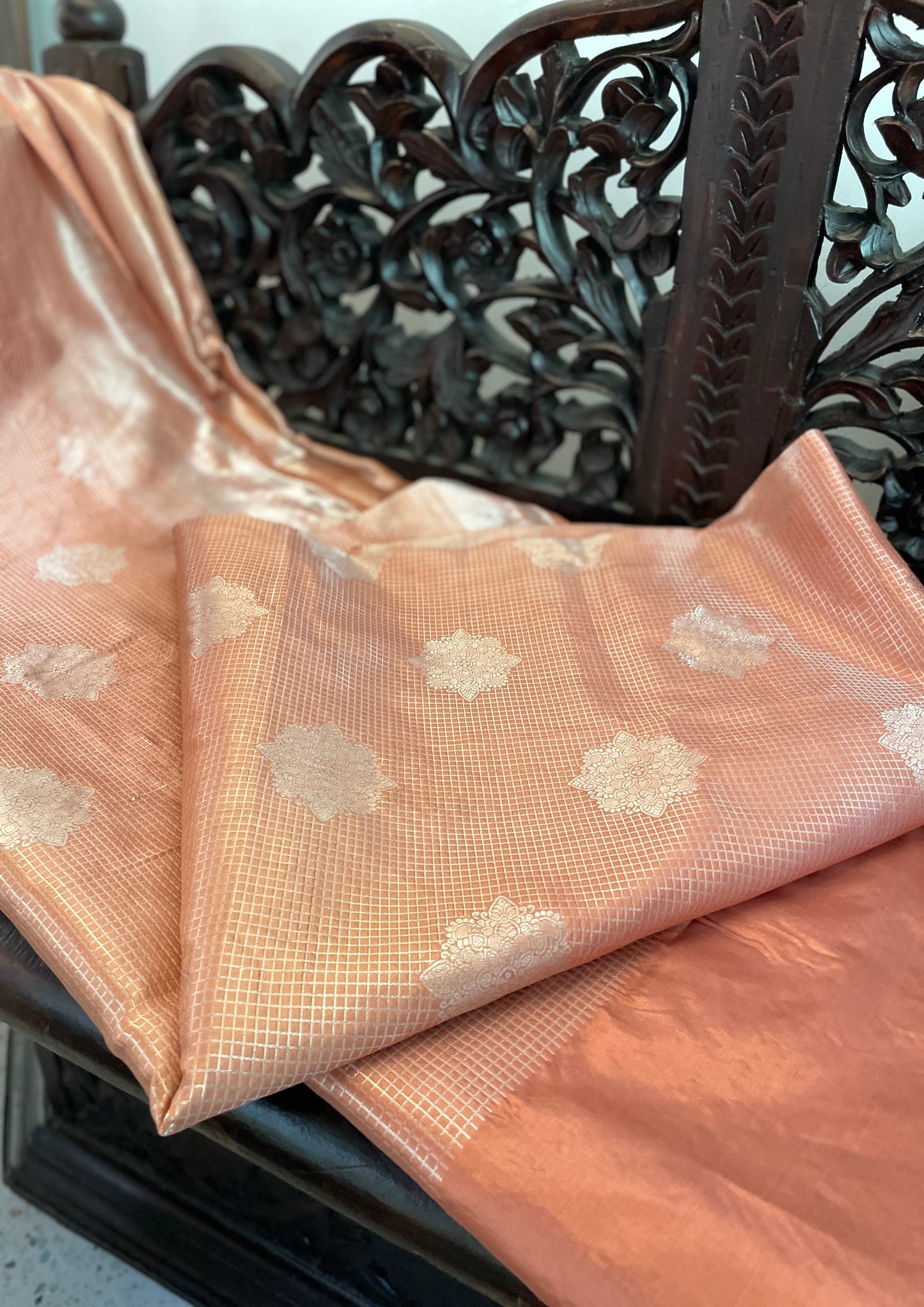 Signature bridal banarasi saree in peach tone Intricately Jeri Woven in checks