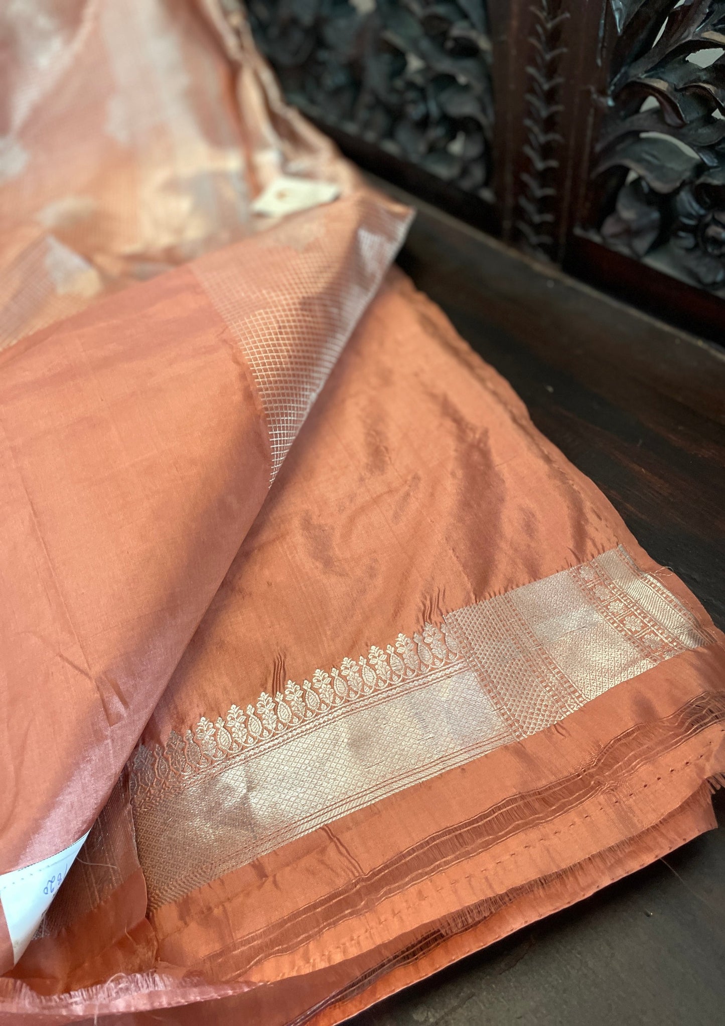 Signature bridal banarasi saree in peach tone Intricately Jeri Woven in checks