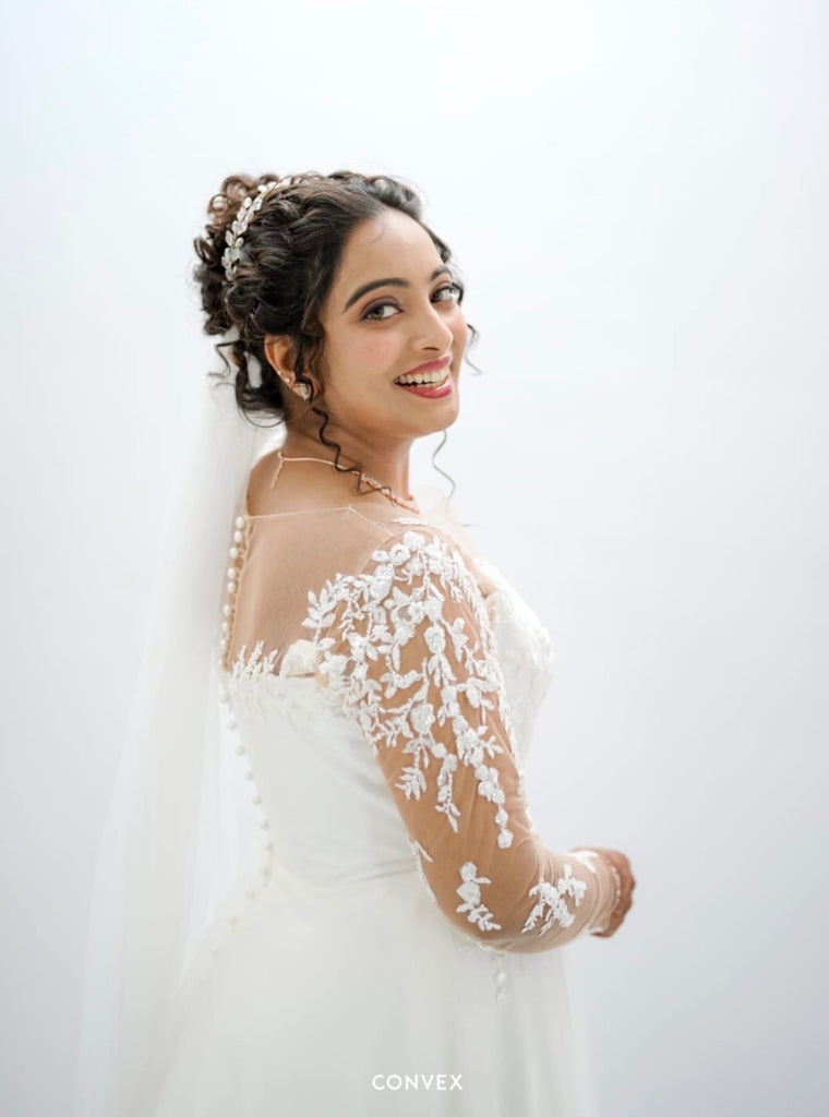 Elegant A-Line Wedding Gown with Embroidered Sleeves