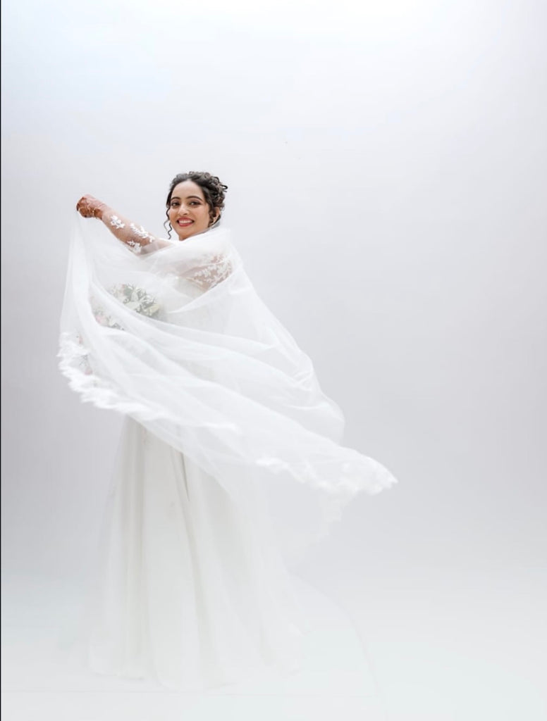 Elegant A-Line Wedding Gown with Embroidered Sleeves