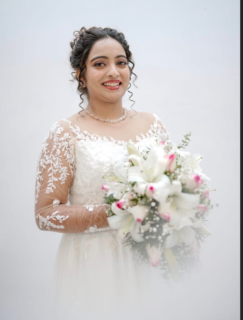 Elegant A-Line Wedding Gown with Embroidered Sleeves