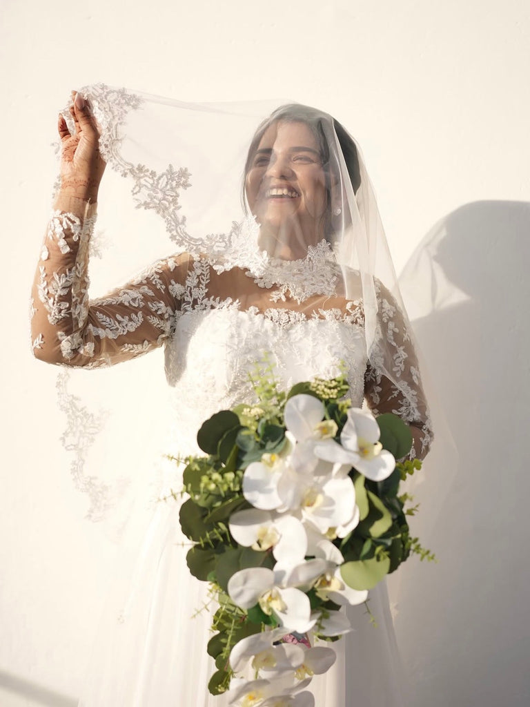 Illusion Embroidered Choker Neck A-Line Wedding Gown