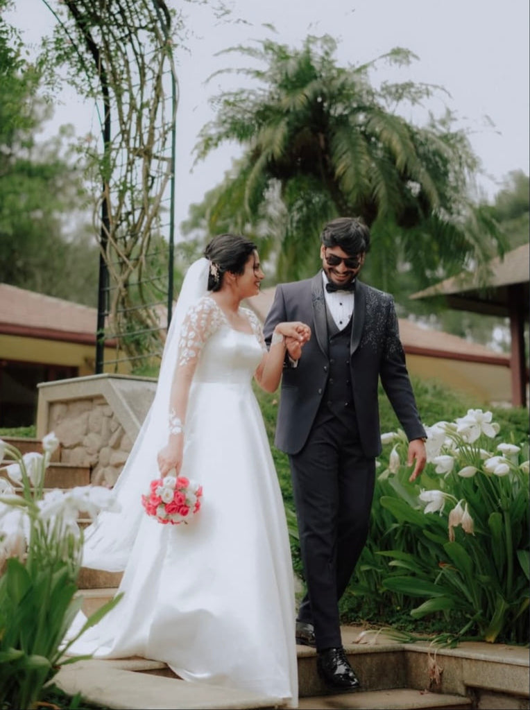 Minimalist Wedding Gown with Lace Sleeves | Elegant Bridal Gown