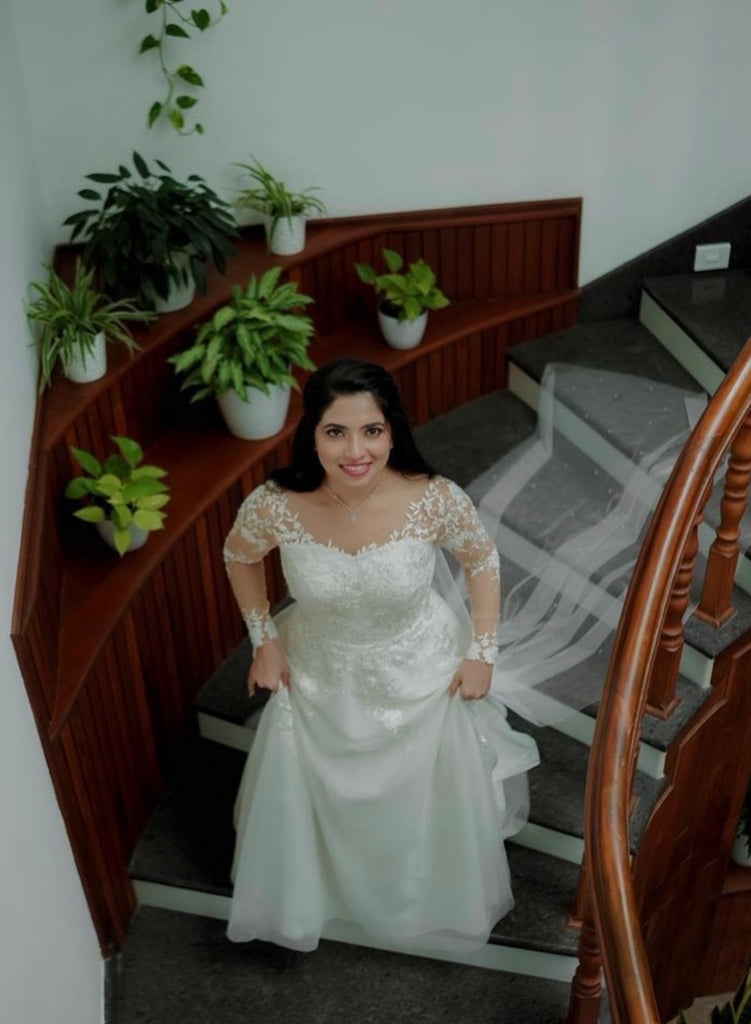 Lace Embellished Wedding Gown with Detailed Bodice & Sleeves | Elegant Bridal Gown