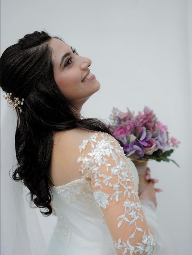 Lace Embellished Wedding Gown with Detailed Bodice & Sleeves | Elegant Bridal Gown