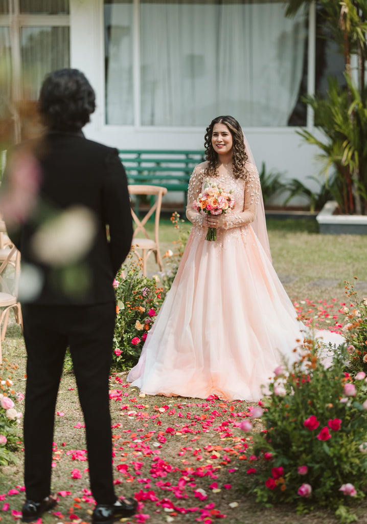 Peach Wedding Gown with White Beaded Florals, Illusion Neck & Tulle Skirt