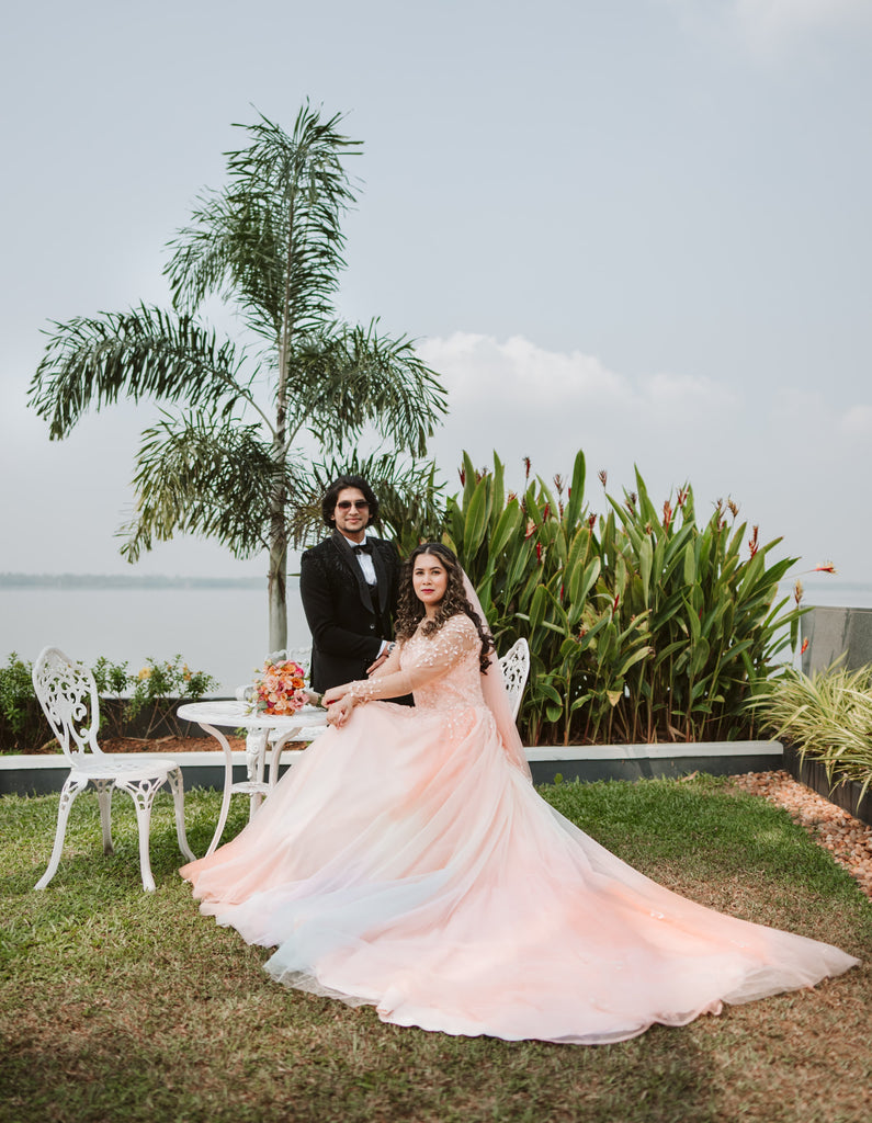 Peach Wedding Gown with White Beaded Florals, Illusion Neck & Tulle Skirt