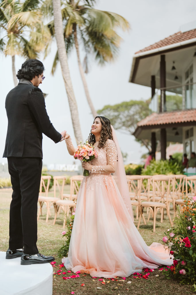 Peach Wedding Gown with White Beaded Florals, Illusion Neck & Tulle Skirt