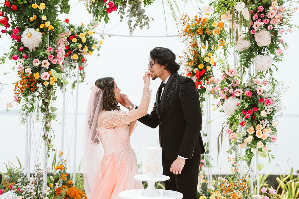 Peach Wedding Gown with White Beaded Florals, Illusion Neck & Tulle Skirt