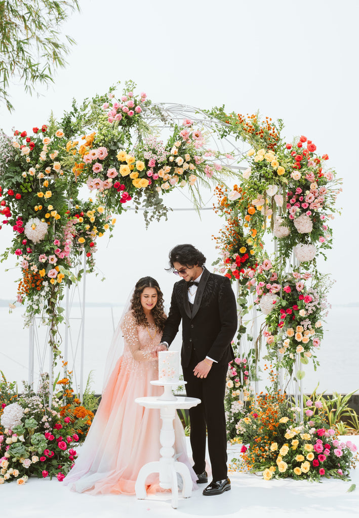 Peach Wedding Gown with White Beaded Florals, Illusion Neck & Tulle Skirt