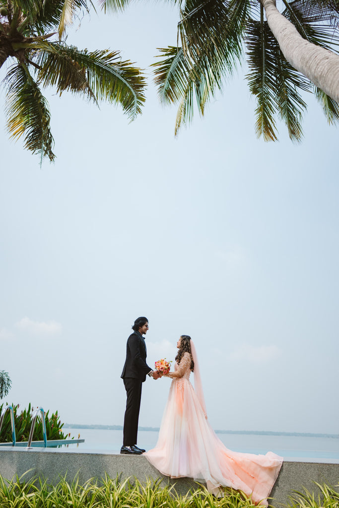 Peach Wedding Gown with White Beaded Florals, Illusion Neck & Tulle Skirt