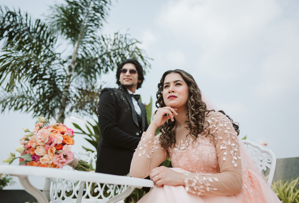 Peach Wedding Gown with White Beaded Florals, Illusion Neck & Tulle Skirt