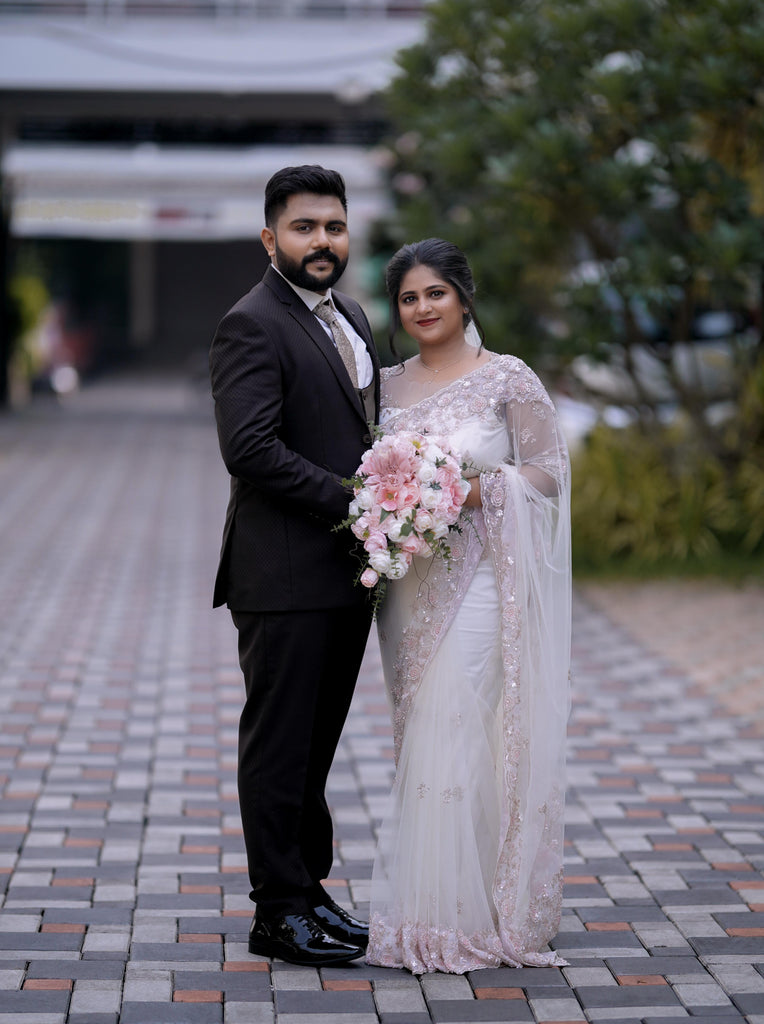 White Saree with Blush Pink Beaded Floral Detailing