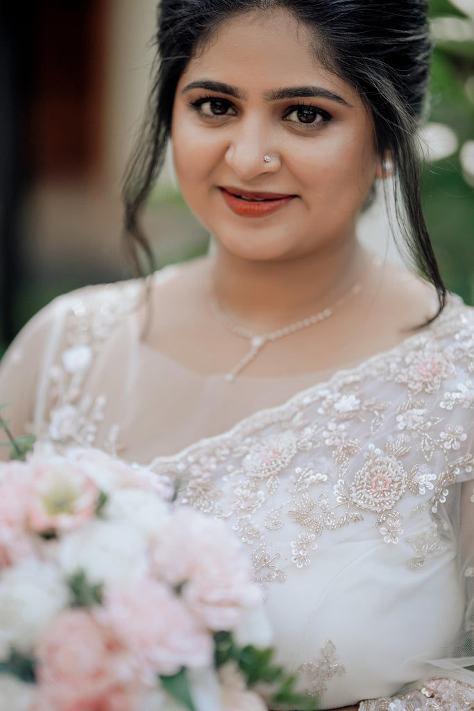 White Saree with Blush Pink Beaded Floral Detailing