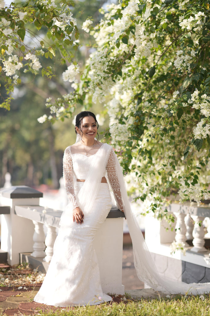 Drape Style Mermaid Dress with Pearl Beaded Sweetheart Illusion Neck & Veil