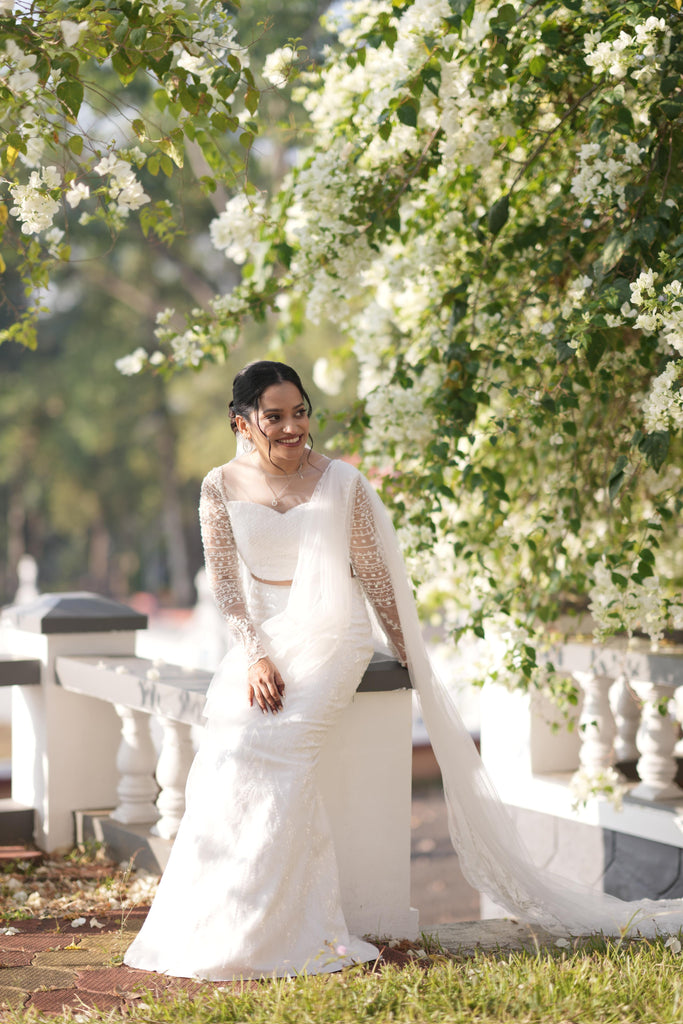 Drape Style Mermaid Dress with Pearl Beaded Sweetheart Illusion Neck & Veil