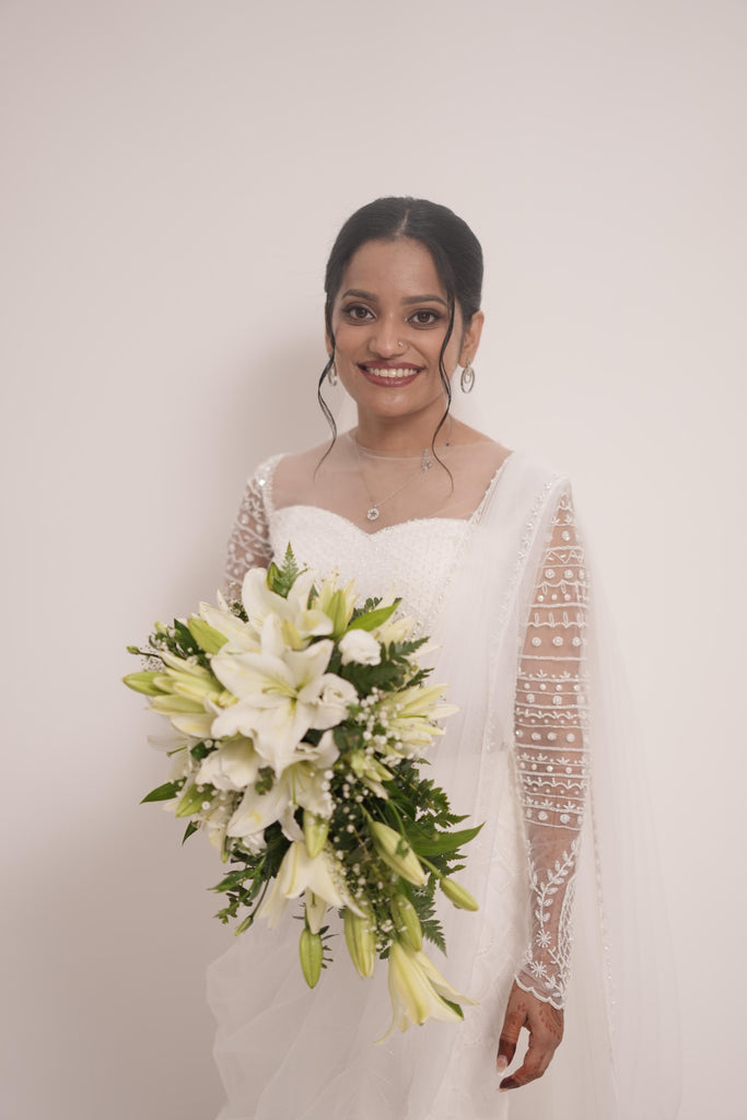 Drape Style Mermaid Dress with Pearl Beaded Sweetheart Illusion Neck & Veil