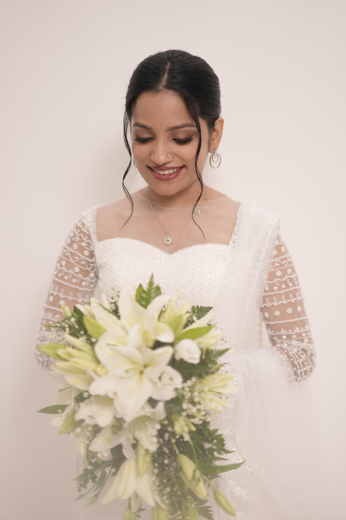Drape Style Mermaid Dress with Pearl Beaded Sweetheart Illusion Neck & Veil