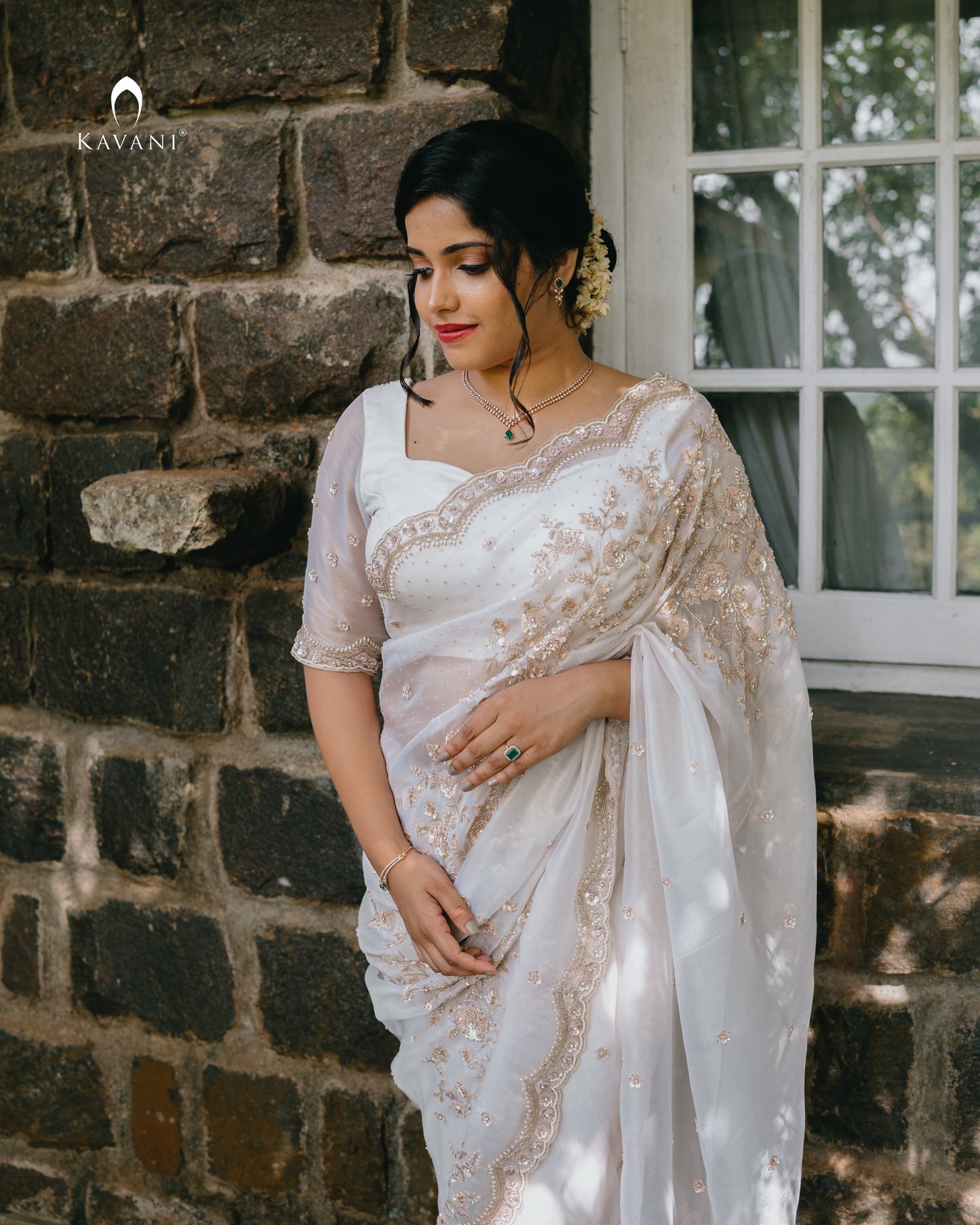 Signature  white bridal saree with beautiful light golden hand embroidery