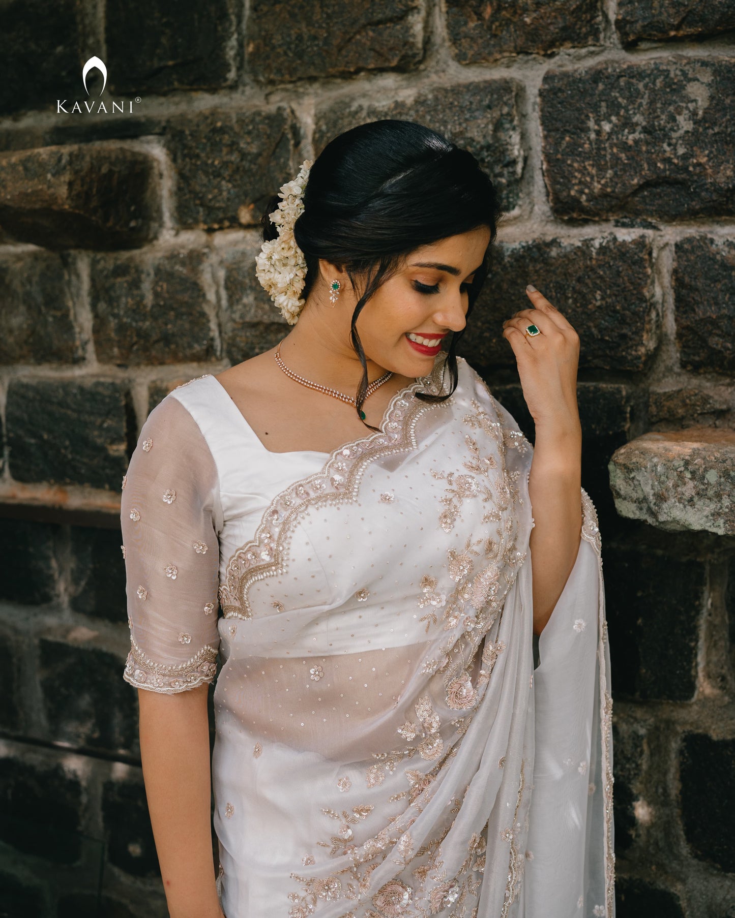 Signature  white bridal saree with beautiful light golden hand embroidery