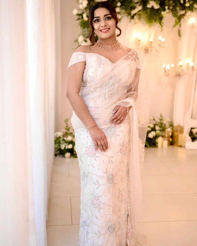 Pastel Floral Beaded Drape Saree with Corset Blouse – Chandelier Collection