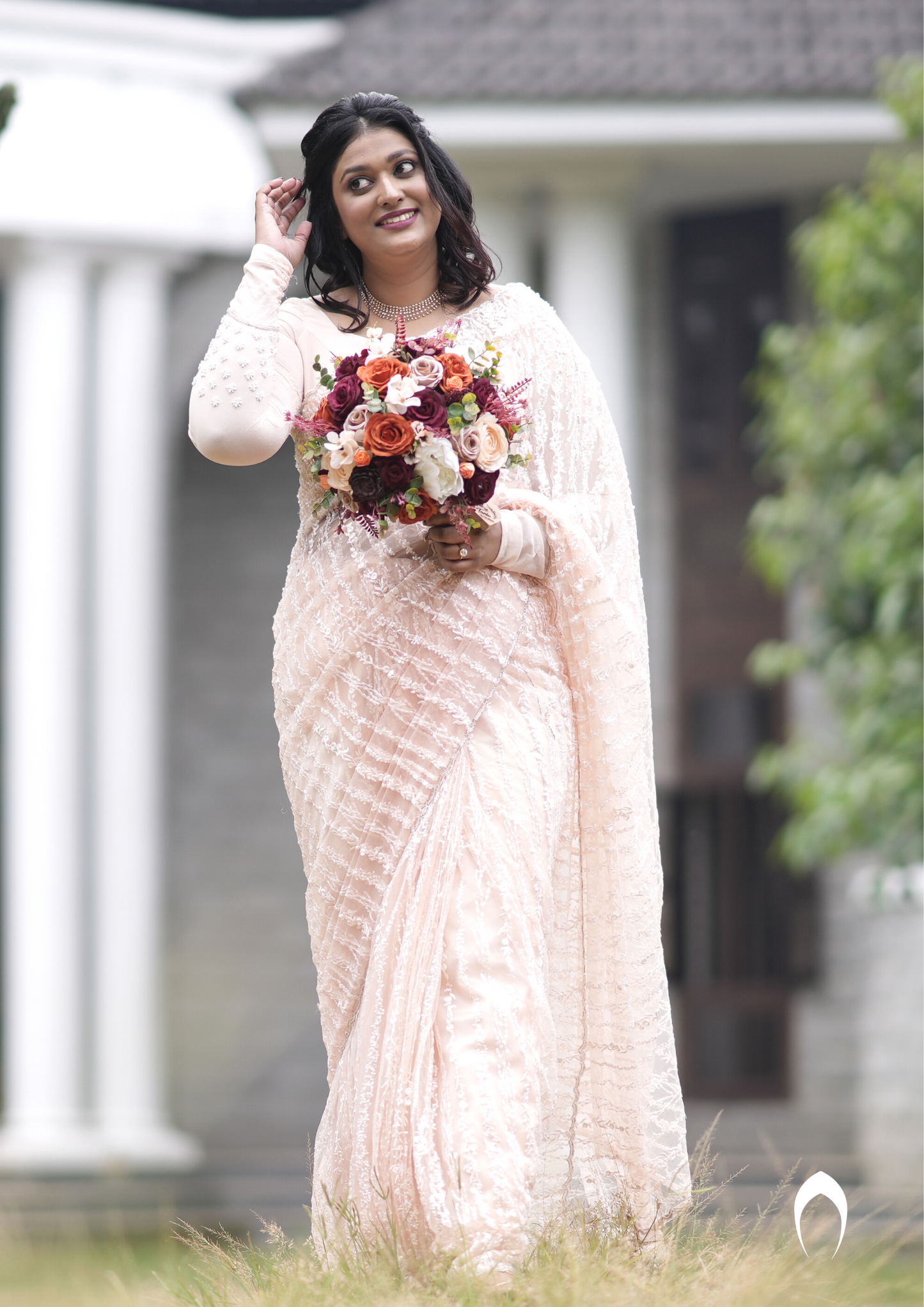 Signature Christian bridal blush saree with embroidered lace on tulle
