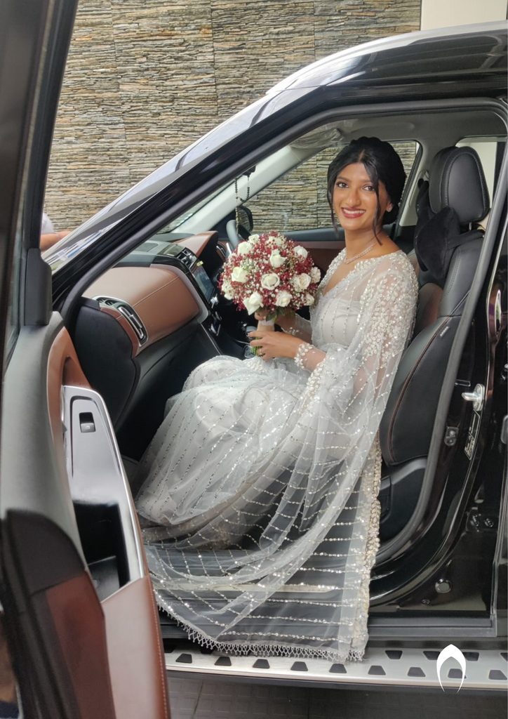 Signature Christian bridal intricate hand embroidered grey saree in net