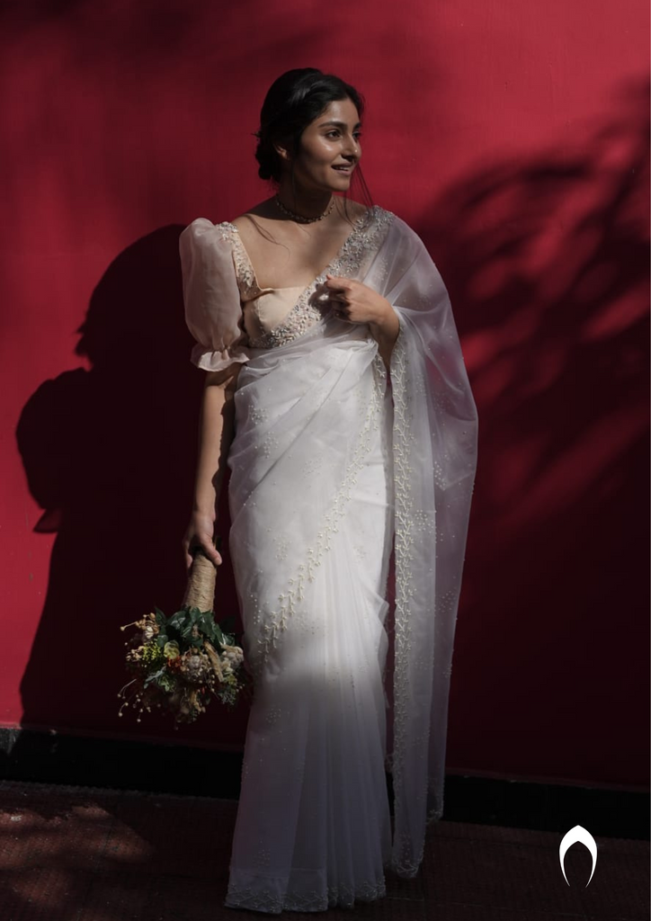 Signature Christian bridal saree  in organza with floral hand embroidery