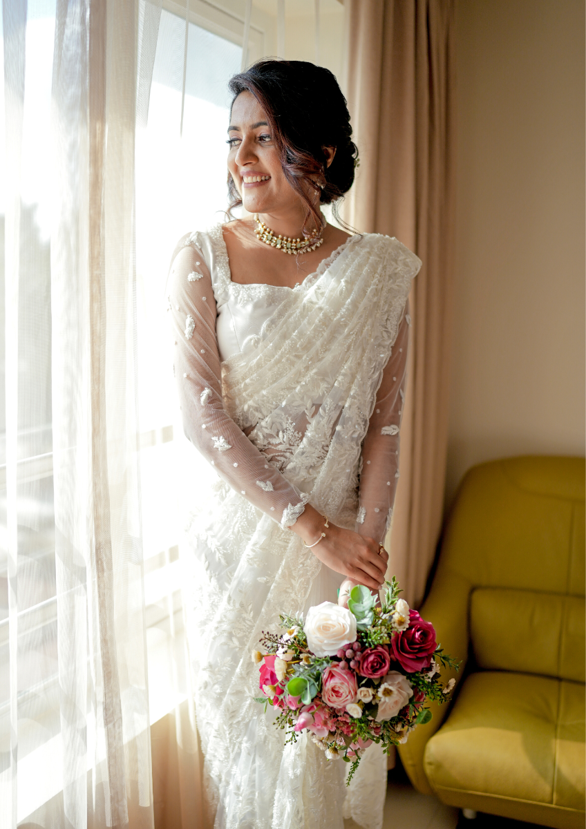 Signature Christian Bridal Saree In Embroidered Net with Sugar Bead Embellishment