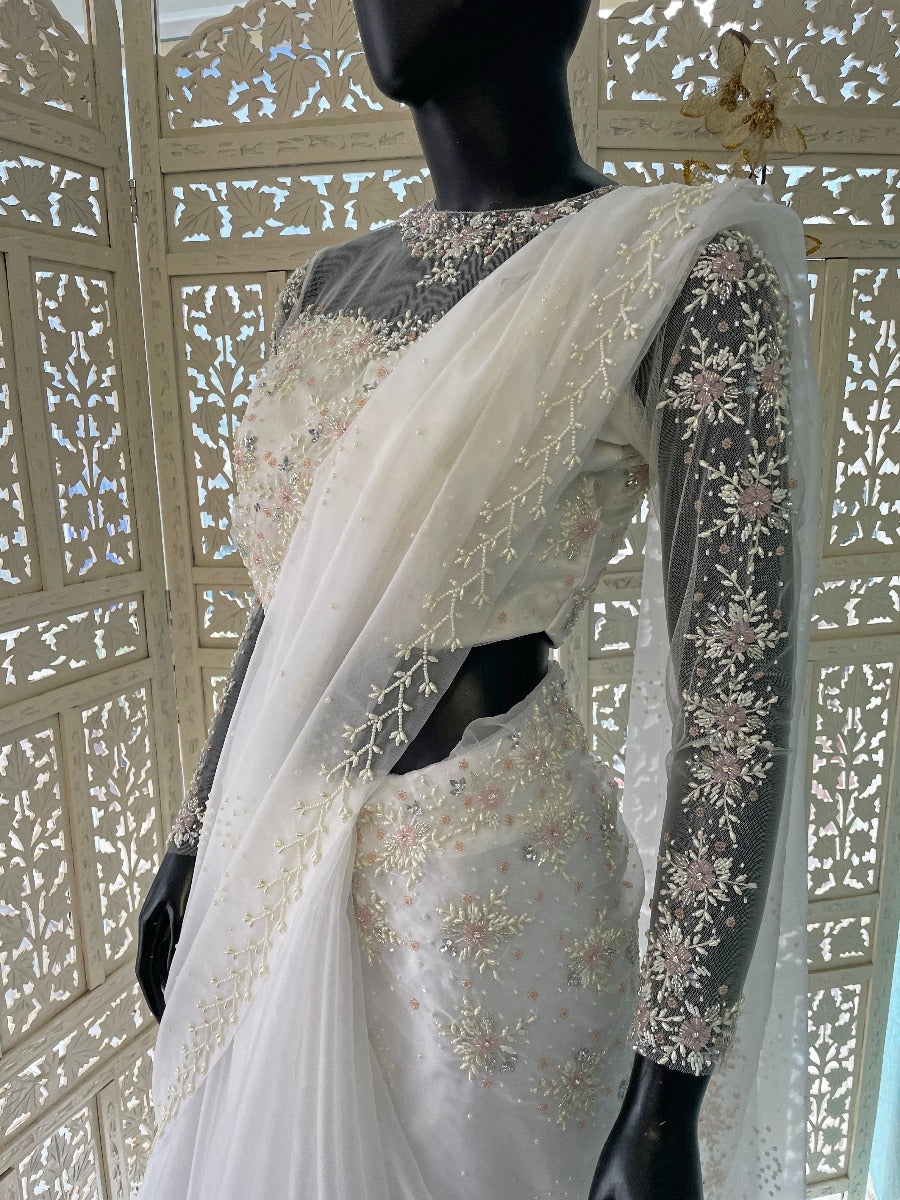 Signature Christian Bridal Saree In Organza With Floral Hand Embroidery