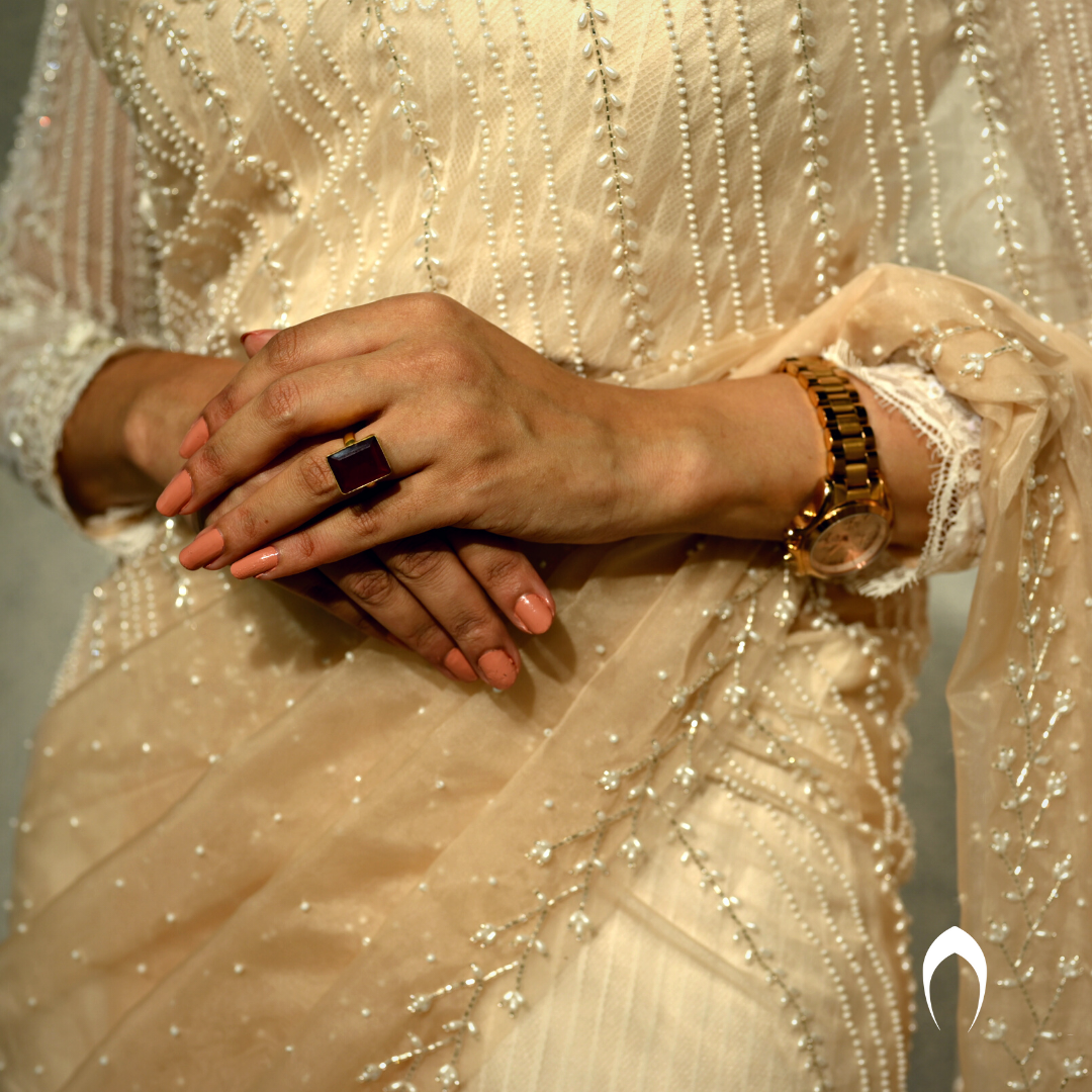 Signature Christian bridal Hand-Embroidered Organza Saree In Mild Blonde Shade