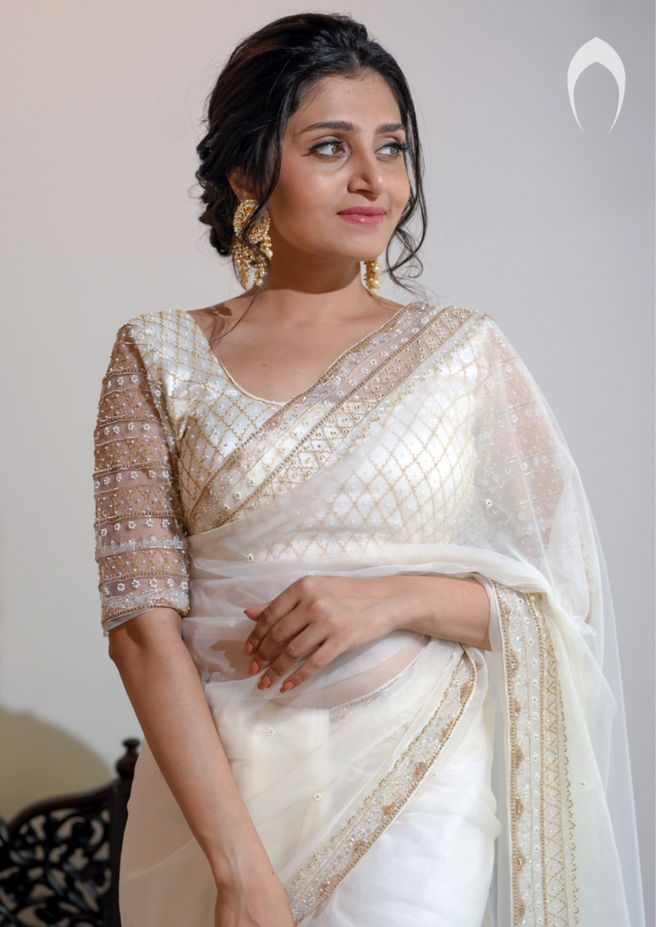 Signature Christian bridal Hand Embroidered Saree In Organza With  Jeri work