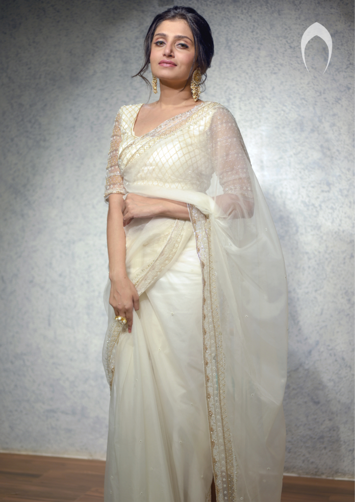 Signature Christian bridal Hand Embroidered Saree In Organza With  Jeri work