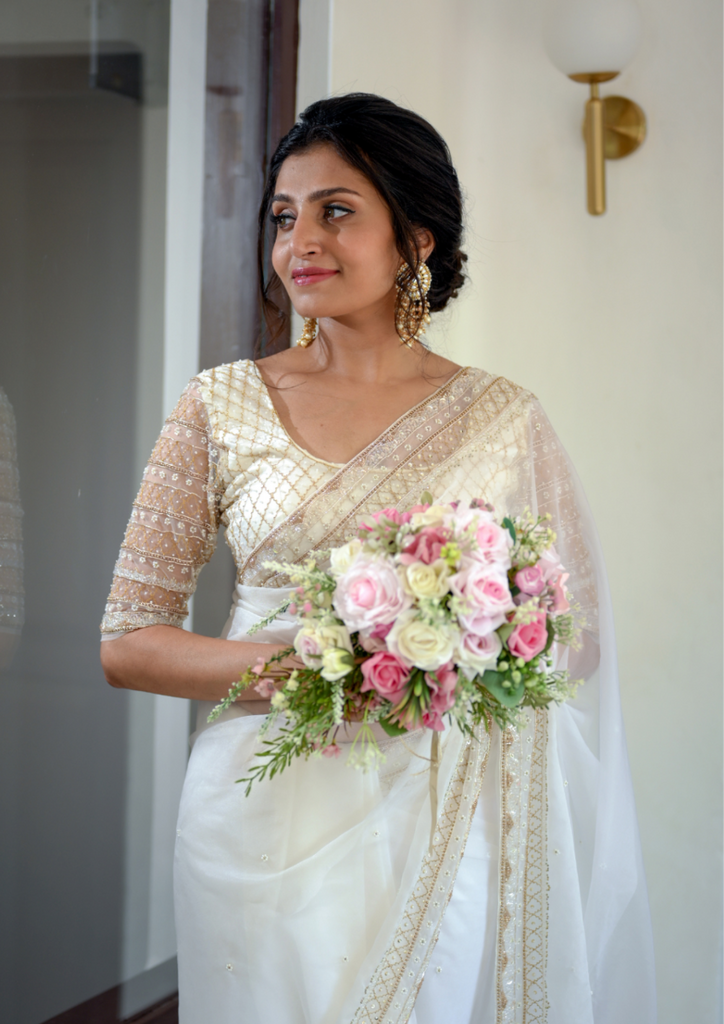 Signature Christian bridal Hand Embroidered Saree In Organza With  Jeri work
