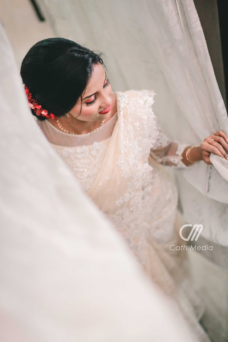 Signature Christian bridal Saree with rosegold chantily lace