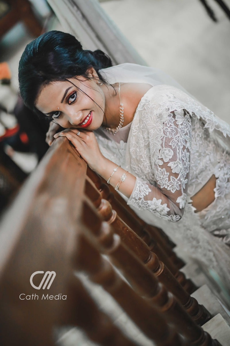 Signature Christian bridal Saree with rosegold chantily lace