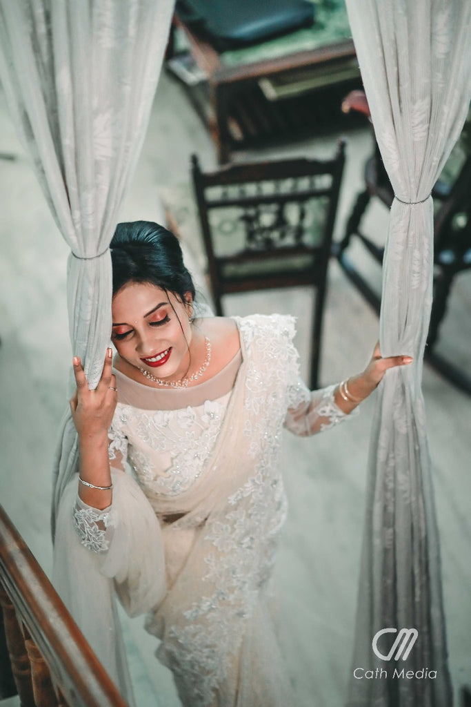 Signature Christian bridal Saree with rosegold chantily lace