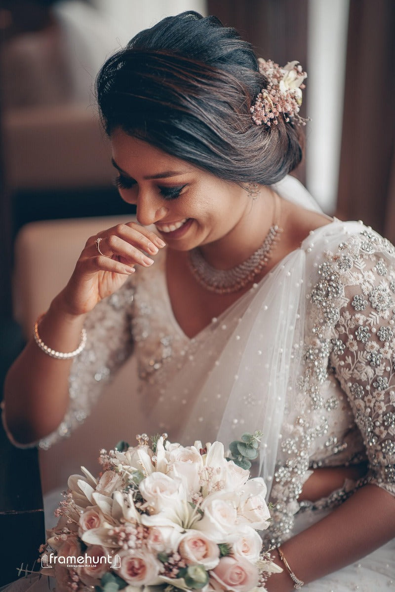 Signature Christian bridal off-white double net Saree made for Bride Sara