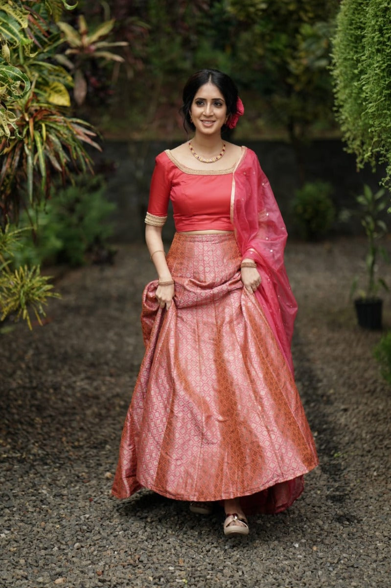 Buy Indian Red & Black & Lavender & Green & White & Pink & Cream & Purple &  Wine & Gold & Rama Color Ceremonial Occasion Banarasi Fabric Half Saree  Lehenga at