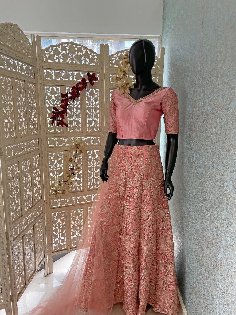 Signature bridal Embroidered Net Lehenga In Dusty Peach Shade