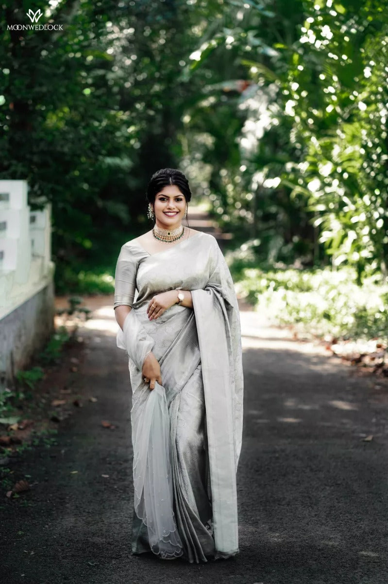 Pearly Silver Silk Blend Wedding Saree – TrendOye