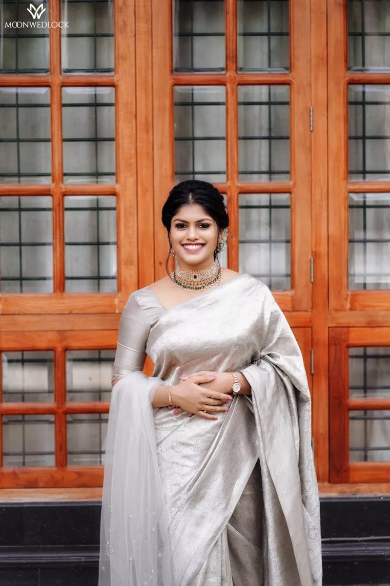 Buy Metallic Silver Pre-Stitched Saree with Tassel Blouse Online - Vesture